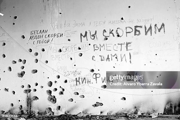 Wall with graffiti in School Number One, where the Beslan school hostage crisis and massacre took place on September 1 when a group of armed...
