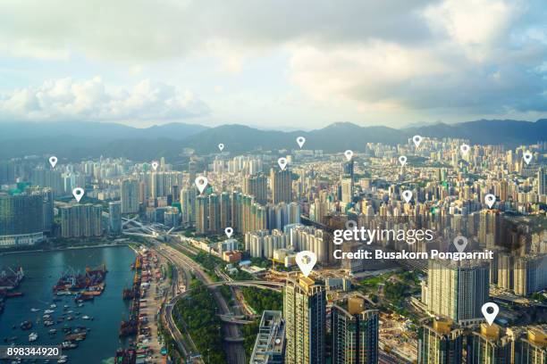 map pin flat city scape and network connection concept - china landmark icon stock pictures, royalty-free photos & images