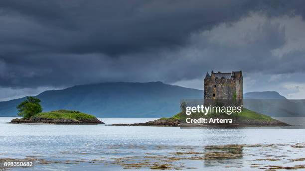 Castle Stalker, medieval four-story tower house / keep in Loch Laich, inlet off Loch Linnhe near Port Appin, Argyll, Scotland, United Kingdom.