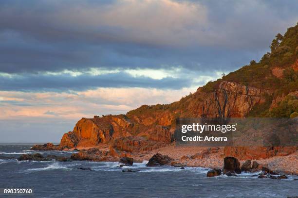 Rocky coast of Hovs Hallar, nature reserve along the Baltic Sea on the Bjaere Peninsula, Skane / Scania, Sweden.