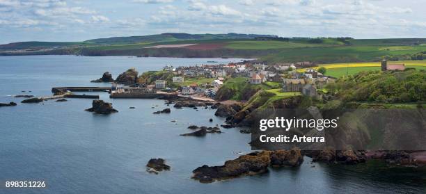 The fishing village of St Abbs seen from the southern side of St Abb's Head, Berwickshire, Scotland, United Kingdom.