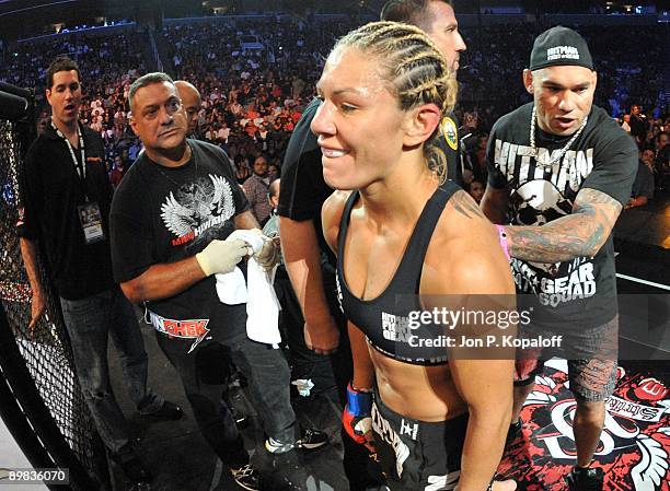 Cris Cyborg gets prepared to enter the ring before her Middleweight Championship fight against Gina Carano at Strikeforce: Carano vs. Cyborg on...