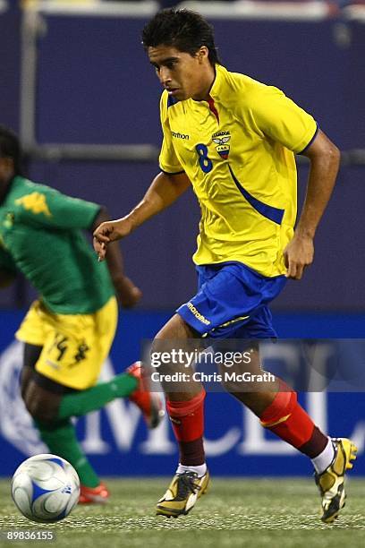 Cristian Noboa of Ecuador looks to pass against Jamaica during their match at Giants Stadium on August 12, 2009 in East Rutherford, New Jersey.