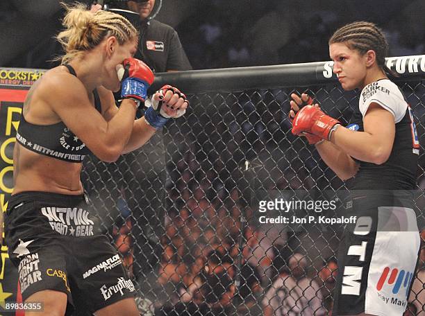 Cris Cyborg battles Gina Carano during their Middleweight Championship fight at Strikeforce: Carano vs. Cyborg on August 15, 2009 in San Jose,...