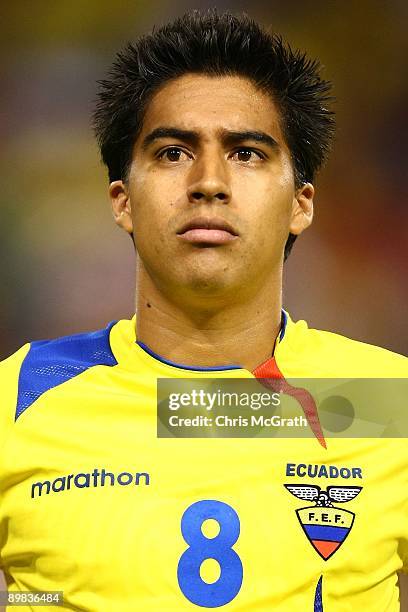 Cristian Noboa of Ecuador listens to the national anthem prior to the start of the International Friendly against Jamaica during their match at...