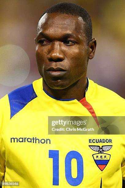 Walter Ayovi Corozo of Ecuador listens to the national anthem prior to the start of the International Friendly against Jamaica during their match at...