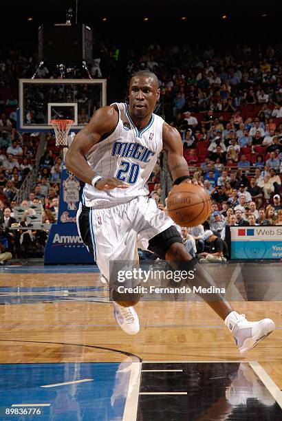 Mickael Pietrus of the Orlando Magic drives to the basket against the Toronto Raptors during the game on April 1, 2009 at Amway Arena in Orlando,...