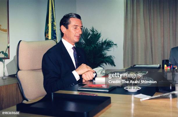 Brazilian President Fernando Collor de Mello speaks during the Asahi Shimbun interview on June 4, 1992 in Rio de Janeiro, Brazil.