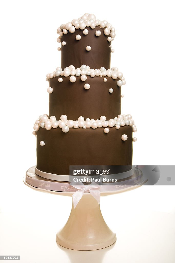 Three-Teired Chocolate Wedding Cake With Pearls