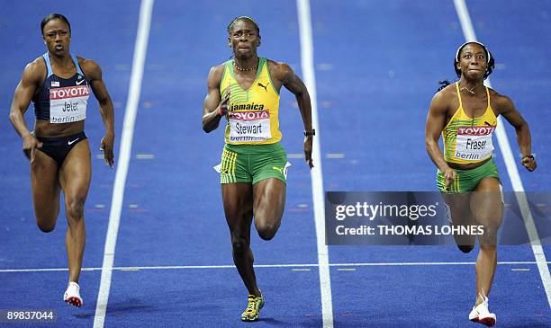 Jamaica's Shelly-Ann Fraser , Jamaica's Kerron Stewart and US Carmelita Jeter compete in the women's 100m final race of the 2009 IAAF Athletics World...