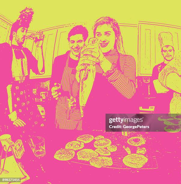 illustrations, cliparts, dessins animés et icônes de illustration humoristique et colorée d’amis, préparez des biscuits et de s’amuser - effet de pointillés