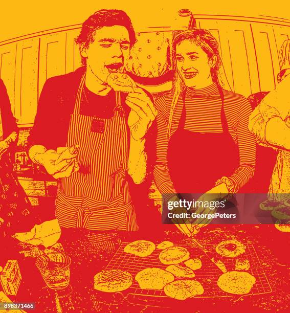 humorvoll, bunte illustration eines jungen paares kekse backen und spaß - junges paar kochen in der küche stock-grafiken, -clipart, -cartoons und -symbole