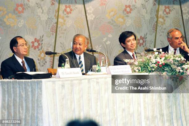 The United Nations Transitional Authority in Cambodia special representative Yasushi Akashi and Prince Norodom Sihanouk of Cambodia attend a press...