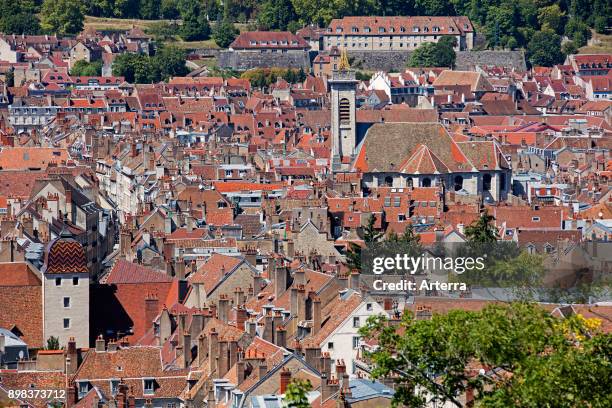 Bird's eye view over the old city and the eglise Saint-Pierre / St Peter's church of Besancon, Doubs, Bourgogne-Franche-Comte, France.