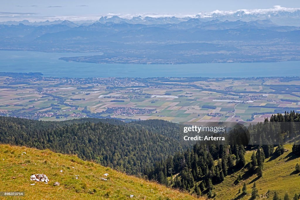 View from La Dele, mountain of the Jura, canton of Vaud, overlooking Lake Geneva and Alpine mountain peaks of the Swiss Alps.
