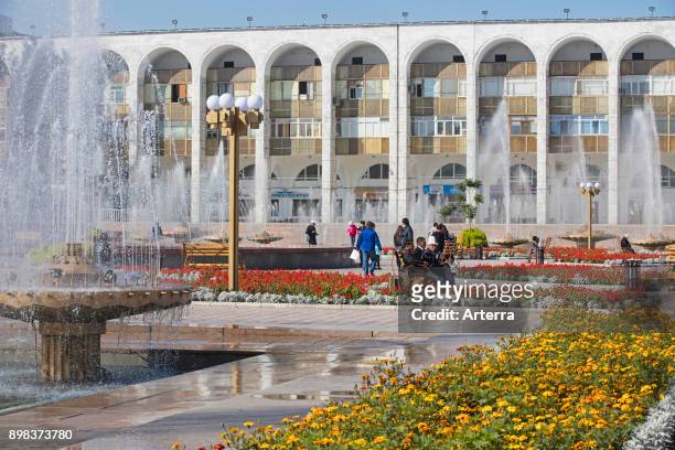 Fountain and colourful flowers at the Ala-Too Square in Bishkek, capital city of Kyrgyzstan.