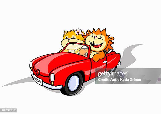 a lion and a cat in a convertible car - car road trip stock illustrations