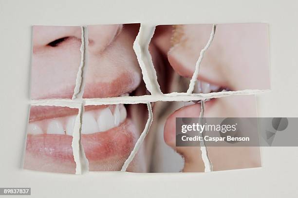 a photograph of a heterosexual couple torn into pieces - extreme close up mouth stock pictures, royalty-free photos & images