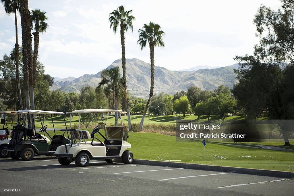 Golf carts parked at a golf club, Palm Springs, California, USA