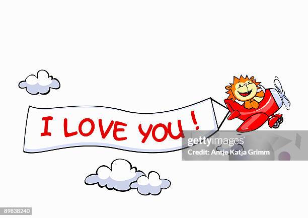 a lion flying an airplane with a banner attached to it that says i love you - flugzeug seitlich himmel stock-grafiken, -clipart, -cartoons und -symbole