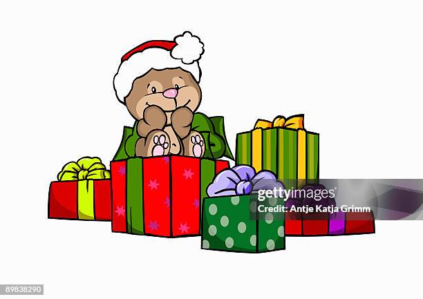 a bear with christmas presents - bear white background stock illustrations