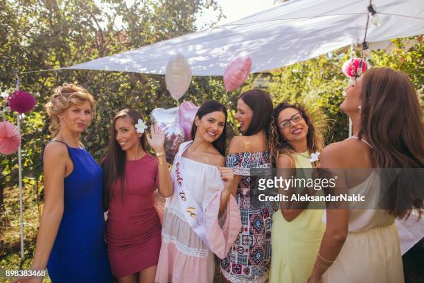 bride to be and bride tribe at bachelorette party - awards 2017 show stock pictures, royalty-free photos & images
