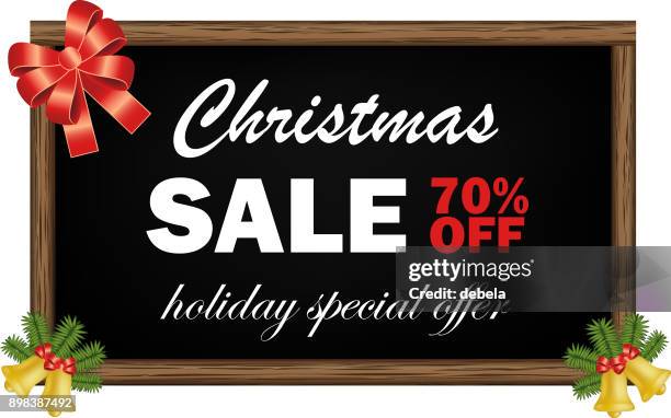 christmas sale seventy percent off advertising blackboard - chalkboard ornaments stock illustrations