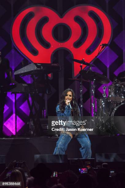 Demi Lovato performs on stage at the IHeartRadio Jingle Ball 2017 at BB&T Center on December 17, 2017 in Sunrise, Florida.