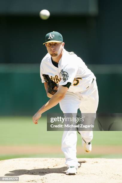 Dallas Braden of the Oakland Athletics pitches during the game against the Detroit Tigers at the Oakland Coliseum on July 1, 2009 in Oakland,...