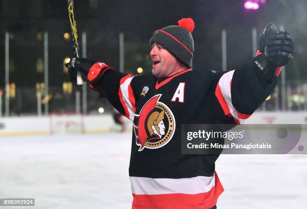 Ottawa Senators alumni Chris Phillips celebrates after a goal during the 2017 Scotiabank NHL100 Classic Ottawa Senators Alumni Game on Parliament...