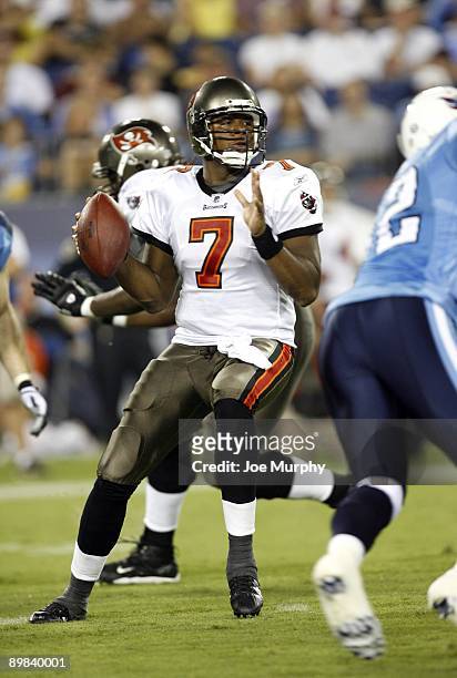 Byron Leftwich of the Tampa Bay Buccaneers looks to throw downfield against the Tennessee Titans during a preseason NFL game at LP Field on August...