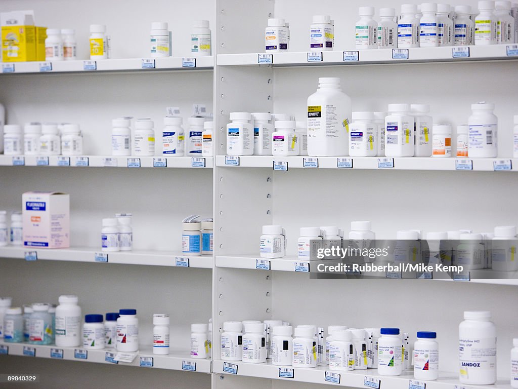 Bottles on the shelves at a pharmacy