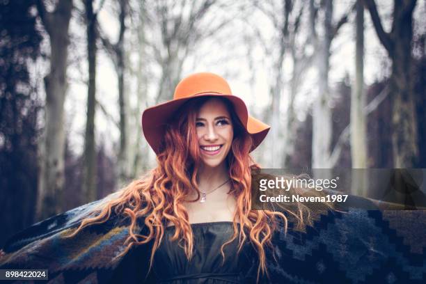 redhead woman enjoy in the wood - 1987 25-35 stock pictures, royalty-free photos & images
