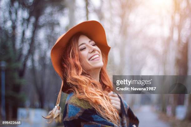 redhead woman enjoy in the wood - 1987 25-35 stock pictures, royalty-free photos & images