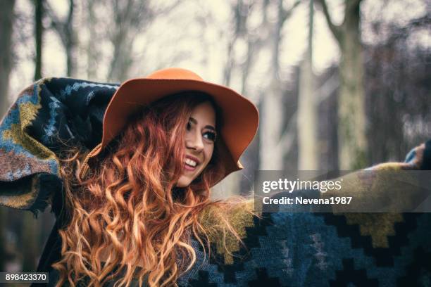 redhead woman enjoy in the wood - 1987 25-35 stock pictures, royalty-free photos & images