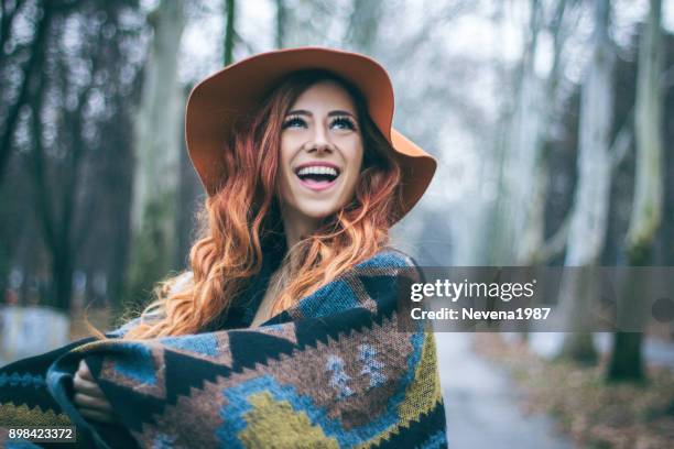 redhead woman enjoy in the wood - 1987 25-35 stock pictures, royalty-free photos & images