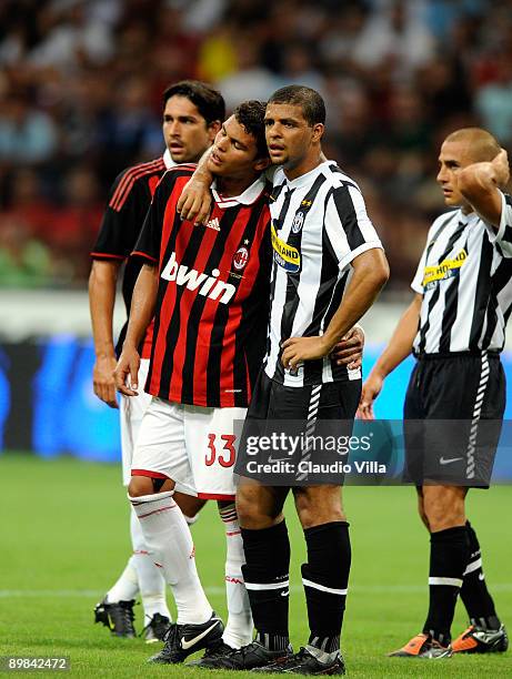 Thiago Silva of Milan and Felipe Melo of Juventus are shown during the Luigi Berlusconi Trophy match between Milan AC and Juventus FC at Giuseppe...