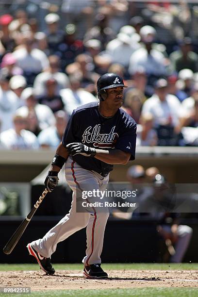 Garret Anderson of the Atlanta Braves bats during the game against the San Diego Padres at Petco Park on August 5, 2009 in San Diego, California. The...