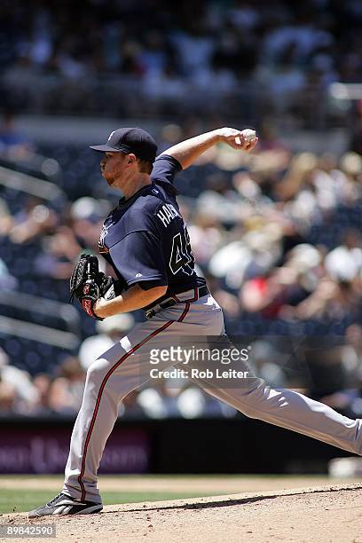 Tommy Hanson of the Atlanta Braves pitches during the game against the San Diego Padres at Petco Park on August 5, 2009 in San Diego, California. The...
