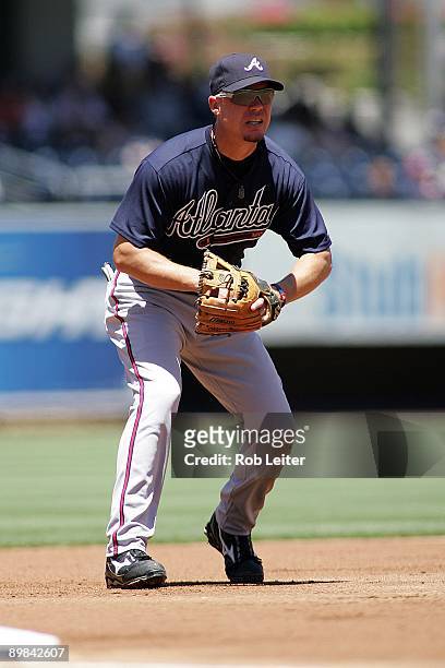 Chipper Jones of the Atlanta Braves plays third base during the game against the San Diego Padres at Petco Park on August 5, 2009 in San Diego,...