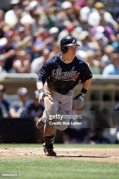 Nate McLouth of the Atlanta Braves runs to first base during the game against the San Diego Padres at Petco Park on August 5, 2009 in San Diego,...