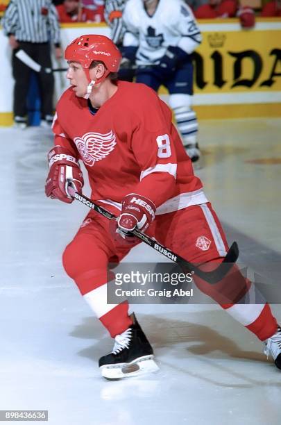 Igor Larionov of the Detroit Red Wings skates against the Toronto Maple Leafs during NHL game action on February 18, 1996 at Maple Leaf Gardens in...