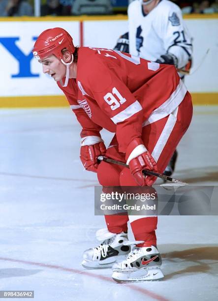 Sergei Fedorov of the Detroit Red Wings skates against the Toronto Maple Leafs during NHL game action on February 18, 1996 at Maple Leaf Gardens in...