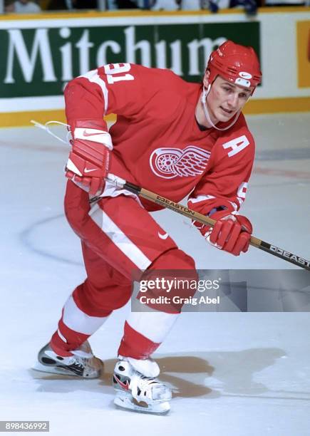 Sergei Fedorov of the Detroit Red Wings skates against the Toronto Maple Leafs during NHL game action on February 18, 1996 at Maple Leaf Gardens in...