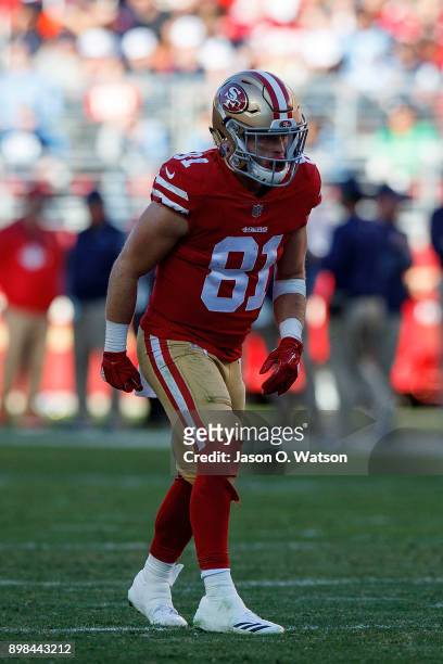 Wide receiver Trent Taylor of the San Francisco 49ers lines up for a play against the Tennessee Titans during the second quarter at Levi's Stadium on...