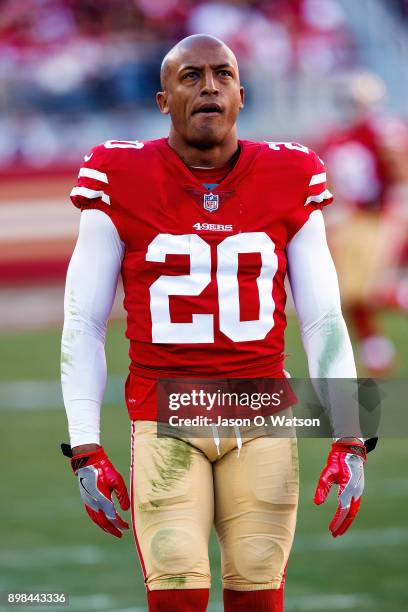 Defensive back Leon Hall of the San Francisco 49ers stands on the sidelines against the Tennessee Titans during the second quarter at Levi's Stadium...