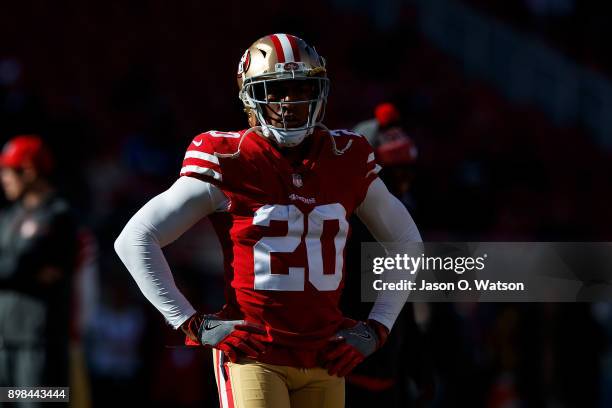 Defensive back Leon Hall of the San Francisco 49ers stands on the field before the game against the Tennessee Titans at Levi's Stadium on December...