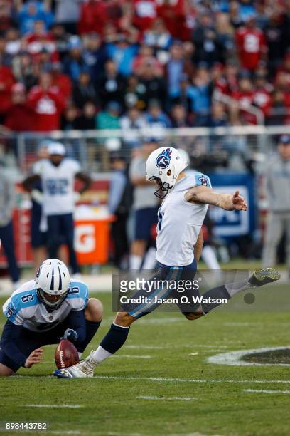 Kicker Ryan Succop of the Tennessee Titans kicks a field goal on a hold from Brett Kern during the fourth quarter against the San Francisco 49ers at...