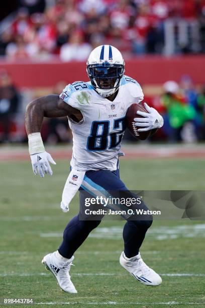 Tight end Delanie Walker of the Tennessee Titans rushes up field against the San Francisco 49ers during the fourth quarter at Levi's Stadium on...