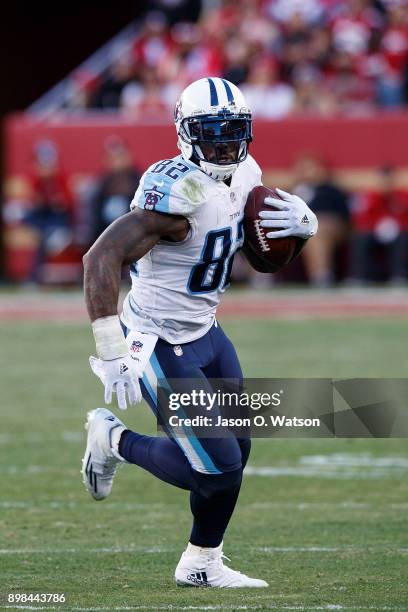 Tight end Delanie Walker of the Tennessee Titans rushes up field against the San Francisco 49ers during the fourth quarter at Levi's Stadium on...
